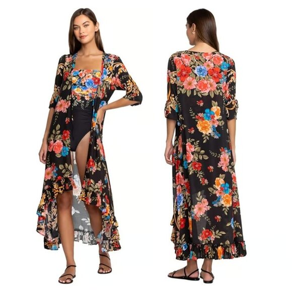 New Johnny Was Black Royal Long Ruffle Kimono Swim Beach Cover-Up Medium NWT - Picture 1 of 11